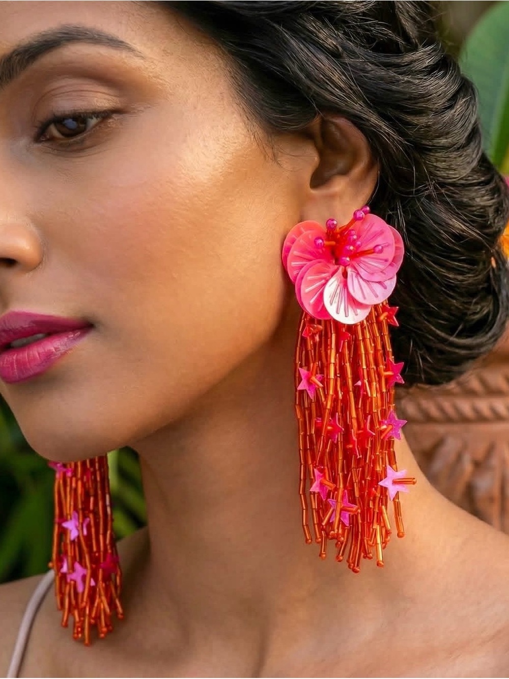 🌺🌅 GORGEOUS HANDMADE BEADED SUNSET PINK ORANGE STAR FLOWER EARRINGS
